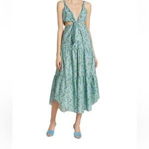 CINQ À SEPT Davian Cut Out Blue Green Knotted Midi Dress, Size 2